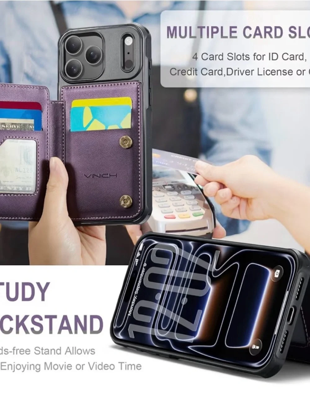Purple RFID‎ Wallet Phone Case with Card Slots